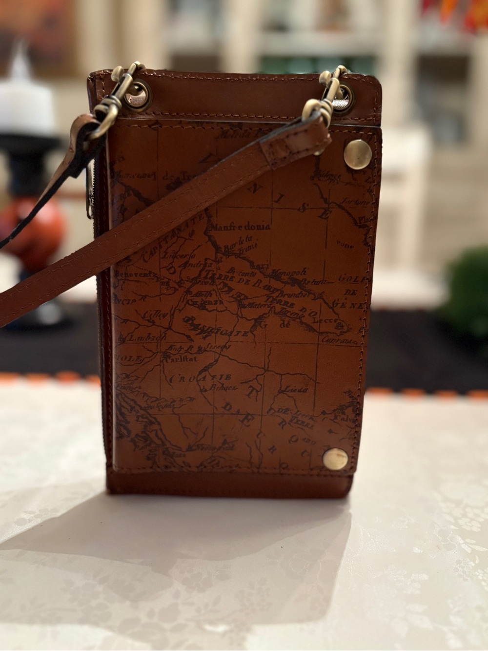 Patricia Nash Chiavella Leather Phone Bag Crossbody RFID Riot Rust Map New
